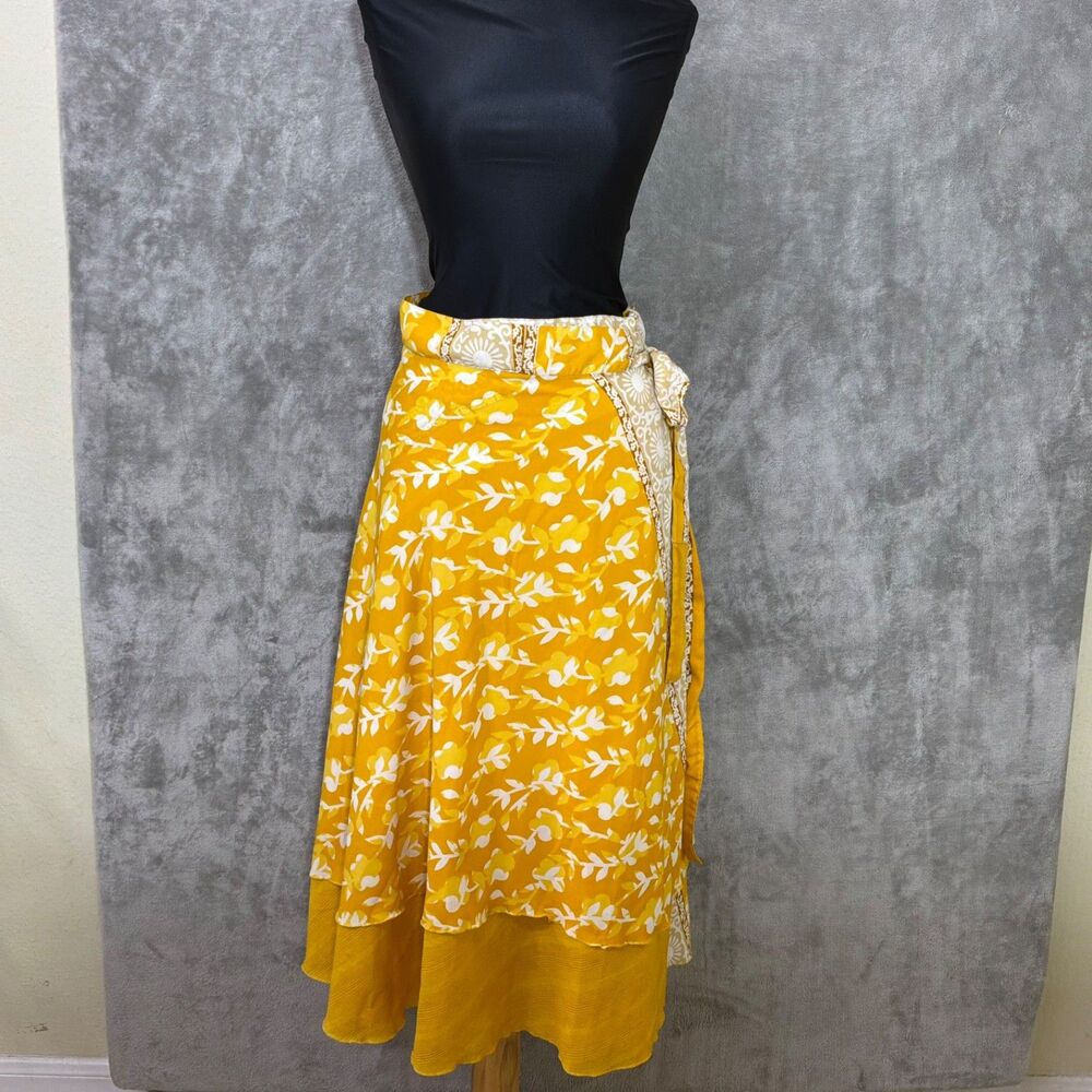 Jovani Designs Midi Wrap 80% silk Skirt women’s size M Floral Yellow